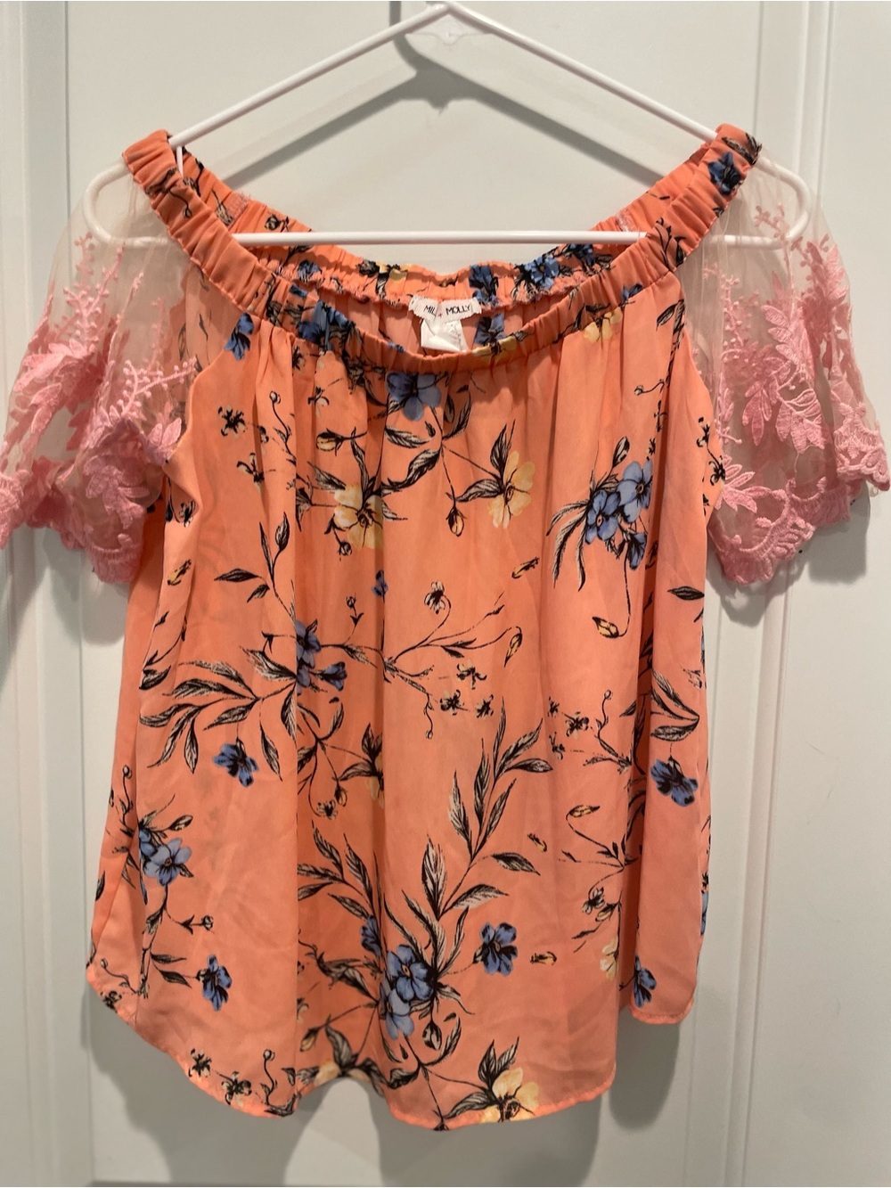Milly Coral Pink Floral Off-Shoulder Blouse with Lace Sleeves